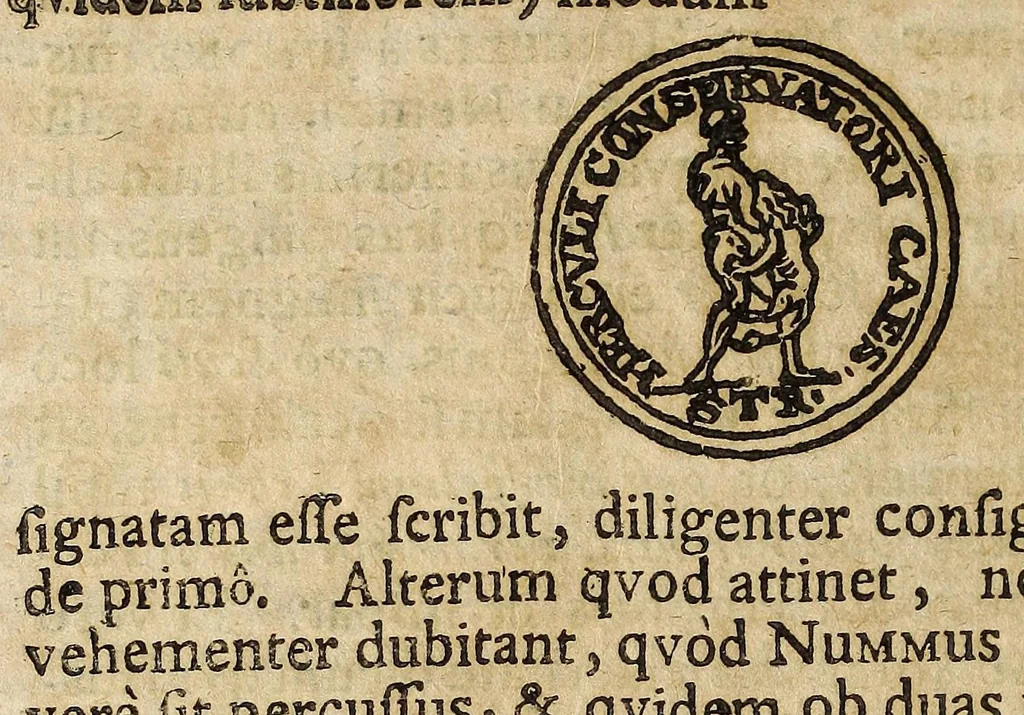 An illustration from De Constantini Magni, Christianor. impp. primi, duobus nummis : qvorum priorem, accepto sacro-sancto Baptismate, posteriorem autem, paterne facta Imperii sui anno ejusd. ultimo, inter tres filios partione, is jusserit signari epistolae duae ..., 1693, leaf 26