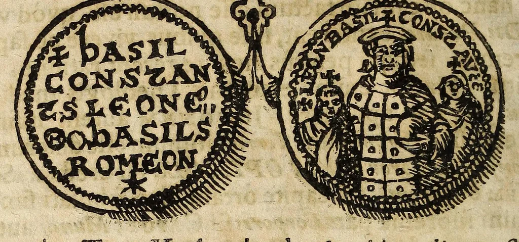 An illustration from De Constantini Magni, Christianor. impp. primi, duobus nummis : qvorum priorem, accepto sacro-sancto Baptismate, posteriorem autem, paterne facta Imperii sui anno ejusd. ultimo, inter tres filios partione, is jusserit signari epistolae duae ..., 1693, leaf 36