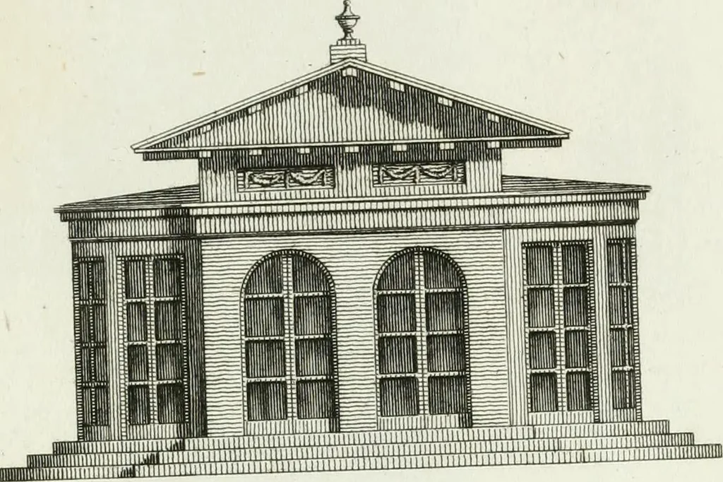 An illustration from Decorations for parks and gardens : designs for gates, garden seats, alcoves, temples, baths, entrance gates, lodges, facades, prospect towers, cattle sheds, ruins, bridges, greenhouses, &c. &c. also a hot house & hot wall : with plans & scales on 55 plates, 1810, leaf 101