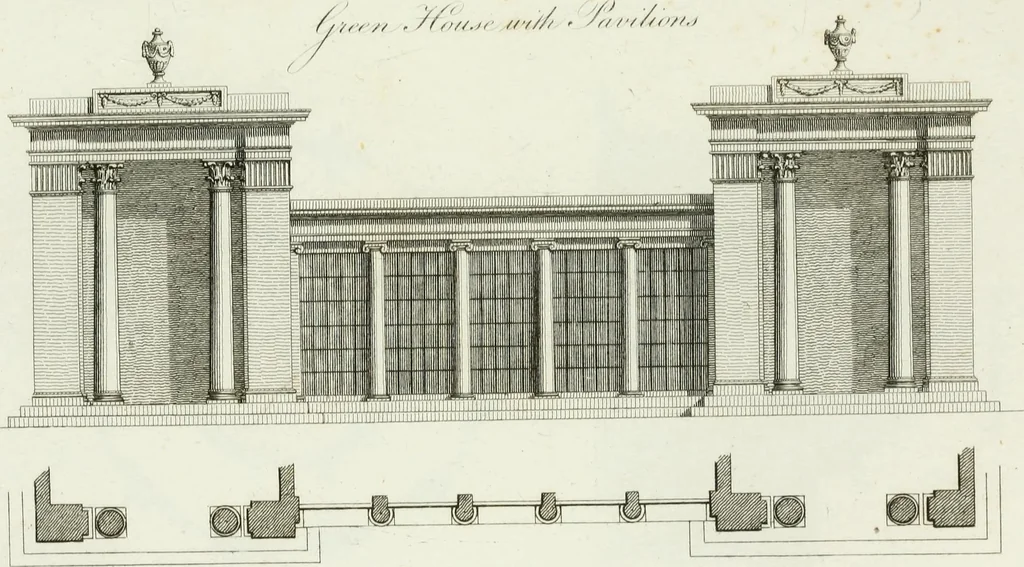 An illustration from Decorations for parks and gardens : designs for gates, garden seats, alcoves, temples, baths, entrance gates, lodges, facades, prospect towers, cattle sheds, ruins, bridges, greenhouses, &c. &c. also a hot house & hot wall : with plans & scales on 55 plates, 1810, leaf 103