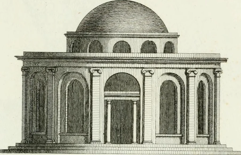 An illustration from Decorations for parks and gardens : designs for gates, garden seats, alcoves, temples, baths, entrance gates, lodges, facades, prospect towers, cattle sheds, ruins, bridges, greenhouses, &c. &c. also a hot house & hot wall : with plans & scales on 55 plates, 1810, leaf 105