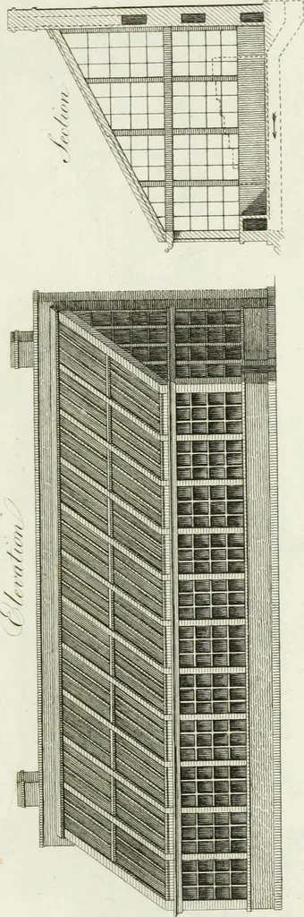 An illustration from Decorations for parks and gardens : designs for gates, garden seats, alcoves, temples, baths, entrance gates, lodges, facades, prospect towers, cattle sheds, ruins, bridges, greenhouses, &c. &c. also a hot house & hot wall : with plans & scales on 55 plates, 1810, leaf 107