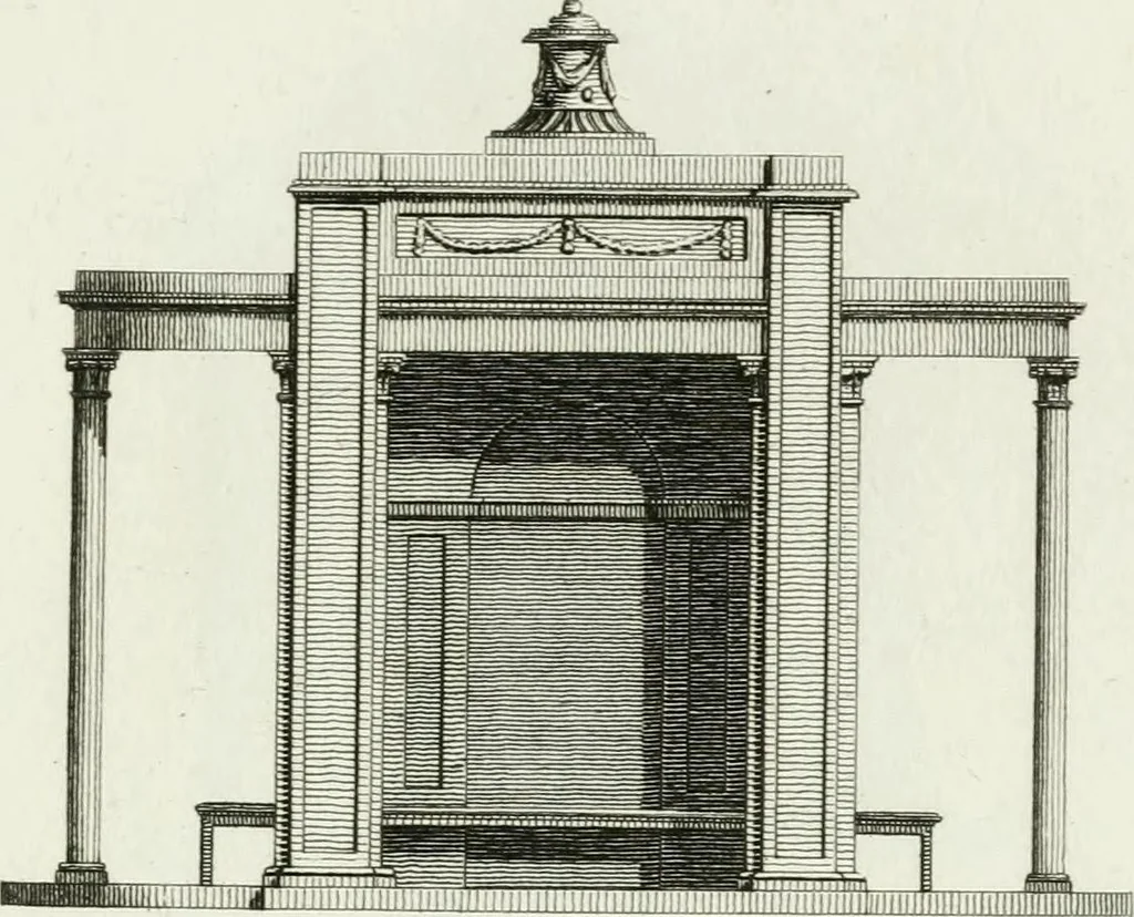 An illustration from Decorations for parks and gardens : designs for gates, garden seats, alcoves, temples, baths, entrance gates, lodges, facades, prospect towers, cattle sheds, ruins, bridges, greenhouses, &c. &c. also a hot house & hot wall : with plans & scales on 55 plates, 1810, leaf 15