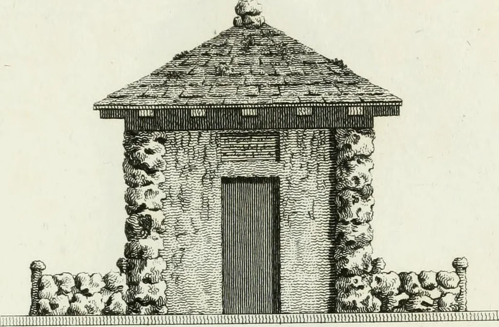 An illustration from Decorations for parks and gardens : designs for gates, garden seats, alcoves, temples, baths, entrance gates, lodges, facades, prospect towers, cattle sheds, ruins, bridges, greenhouses, &c. &c. also a hot house & hot wall : with plans & scales on 55 plates, 1810, leaf 19