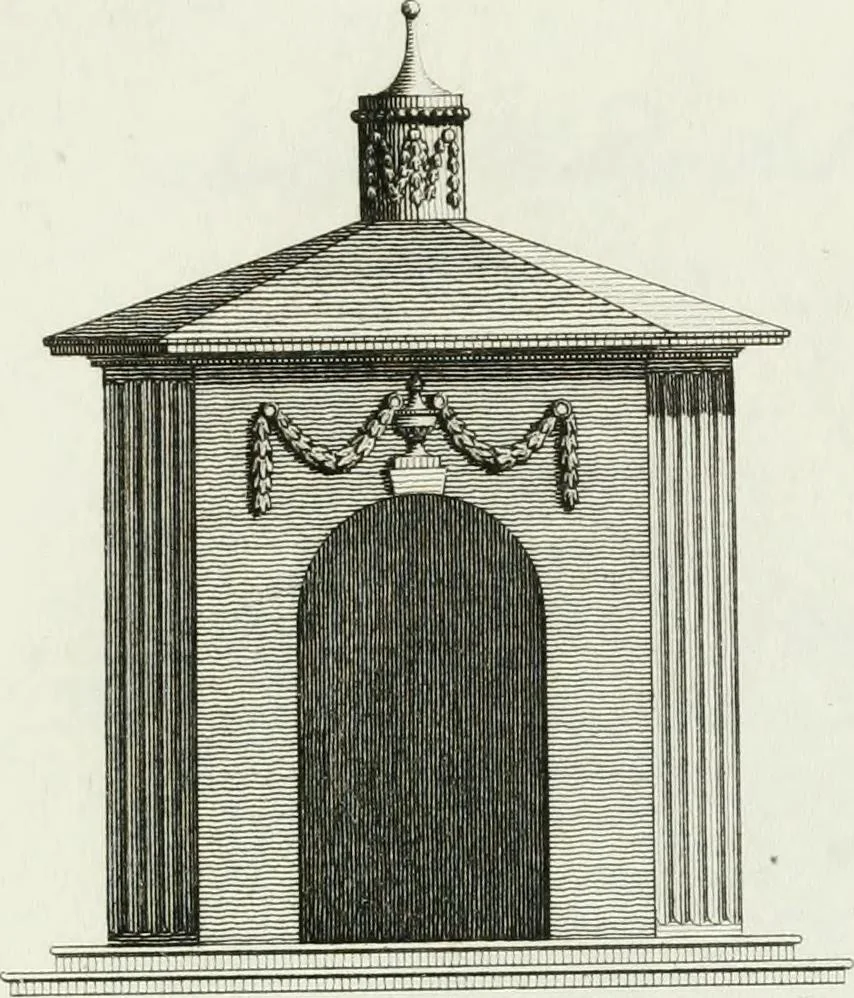 An illustration from Decorations for parks and gardens : designs for gates, garden seats, alcoves, temples, baths, entrance gates, lodges, facades, prospect towers, cattle sheds, ruins, bridges, greenhouses, &c. &c. also a hot house & hot wall : with plans & scales on 55 plates, 1810, leaf 25
