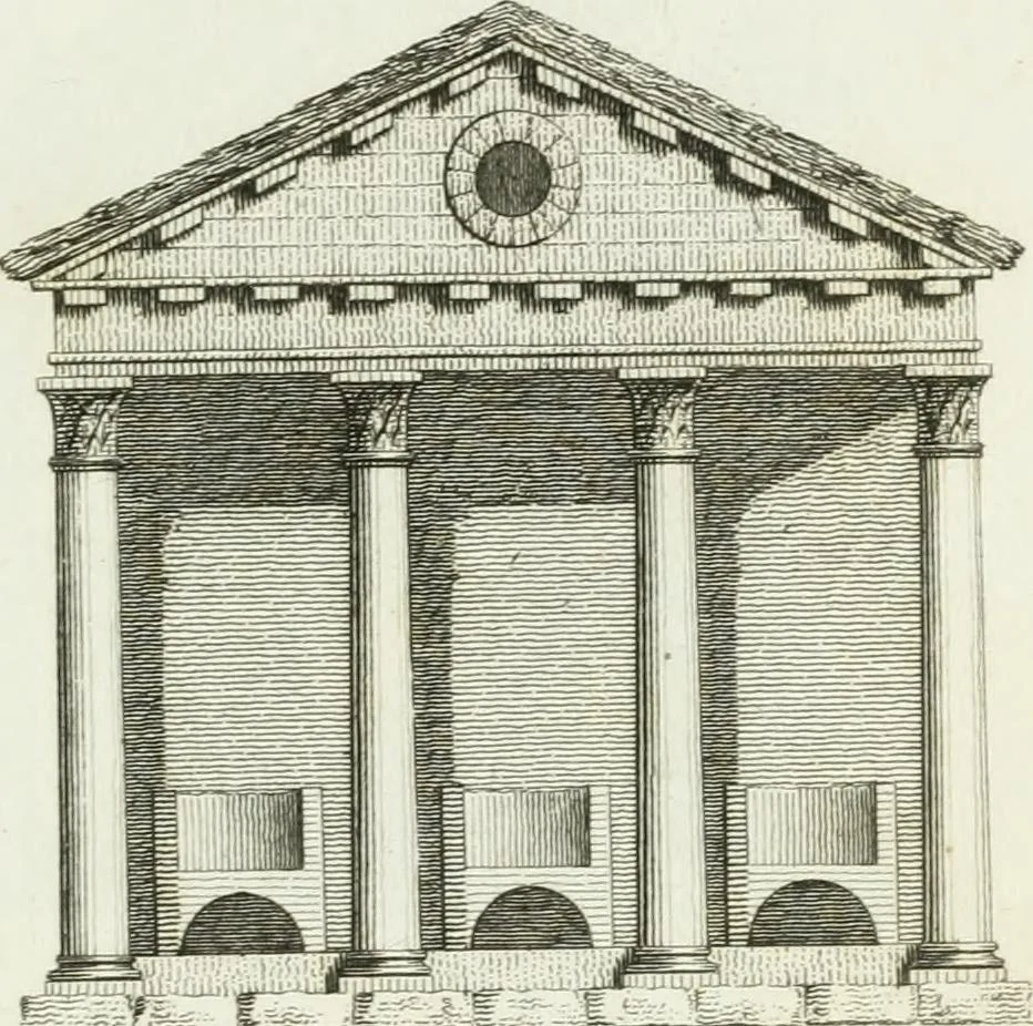 An illustration from Decorations for parks and gardens : designs for gates, garden seats, alcoves, temples, baths, entrance gates, lodges, facades, prospect towers, cattle sheds, ruins, bridges, greenhouses, &c. &c. also a hot house & hot wall : with plans & scales on 55 plates, 1810, leaf 27