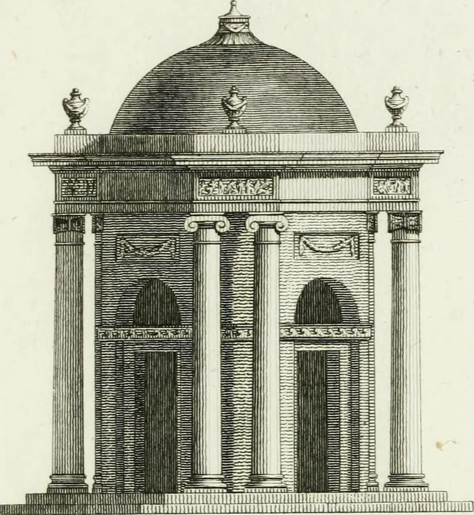 An illustration from Decorations for parks and gardens : designs for gates, garden seats, alcoves, temples, baths, entrance gates, lodges, facades, prospect towers, cattle sheds, ruins, bridges, greenhouses, &c. &c. also a hot house & hot wall : with plans & scales on 55 plates, 1810, leaf 29