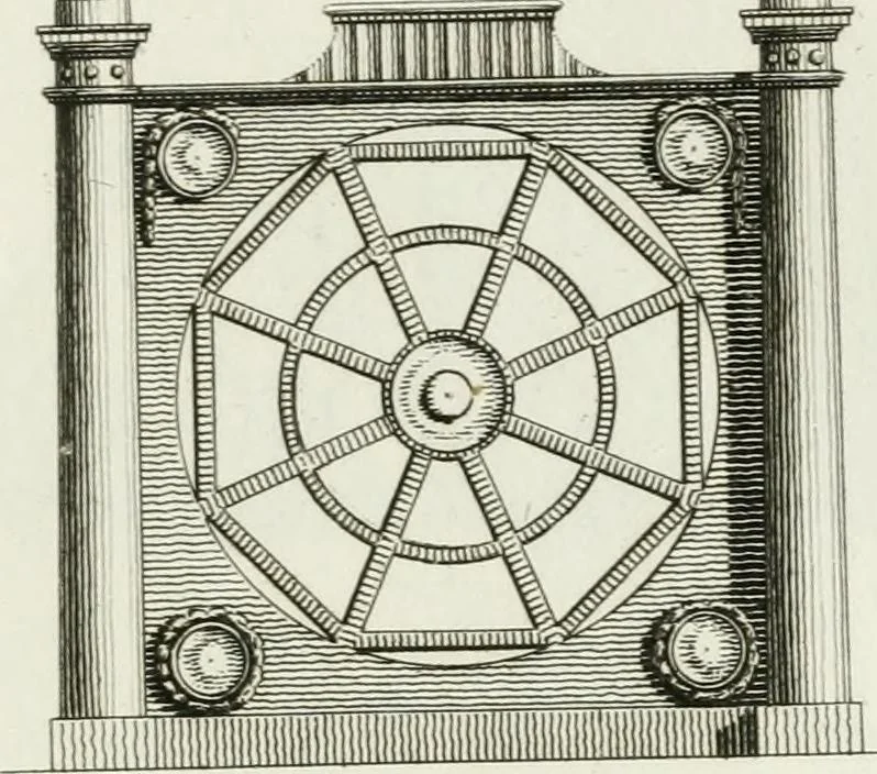 An illustration from Decorations for parks and gardens : designs for gates, garden seats, alcoves, temples, baths, entrance gates, lodges, facades, prospect towers, cattle sheds, ruins, bridges, greenhouses, &c. &c. also a hot house & hot wall : with plans & scales on 55 plates, 1810, leaf 3