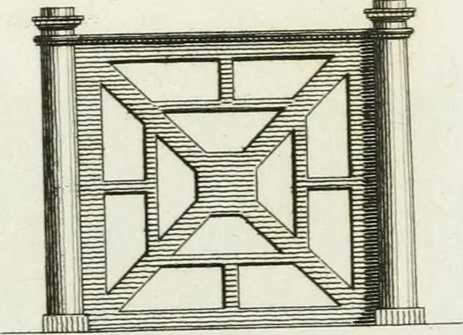An illustration from Decorations for parks and gardens : designs for gates, garden seats, alcoves, temples, baths, entrance gates, lodges, facades, prospect towers, cattle sheds, ruins, bridges, greenhouses, &c. &c. also a hot house & hot wall : with plans & scales on 55 plates, 1810, leaf 3
