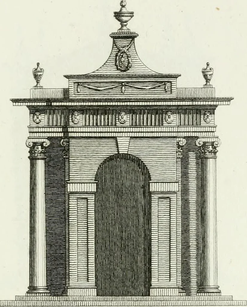 An illustration from Decorations for parks and gardens : designs for gates, garden seats, alcoves, temples, baths, entrance gates, lodges, facades, prospect towers, cattle sheds, ruins, bridges, greenhouses, &c. &c. also a hot house & hot wall : with plans & scales on 55 plates, 1810, leaf 31