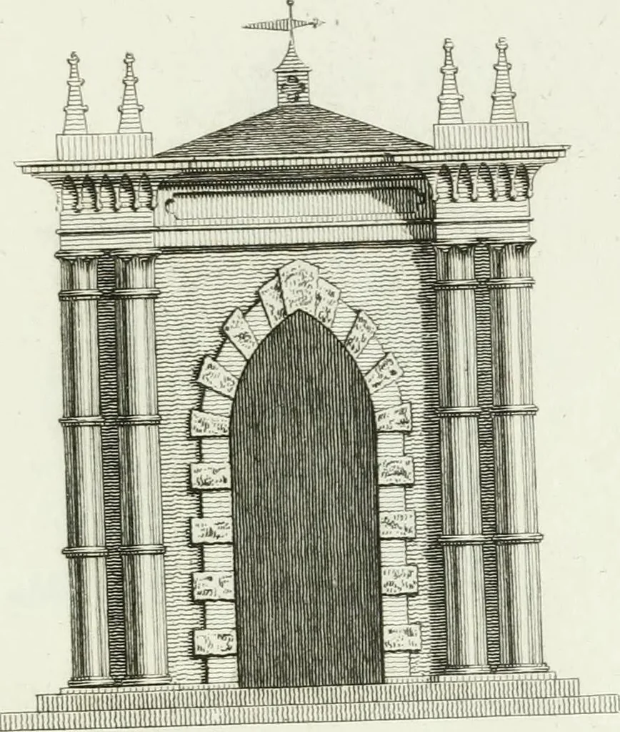 An illustration from Decorations for parks and gardens : designs for gates, garden seats, alcoves, temples, baths, entrance gates, lodges, facades, prospect towers, cattle sheds, ruins, bridges, greenhouses, &c. &c. also a hot house & hot wall : with plans & scales on 55 plates, 1810, leaf 33