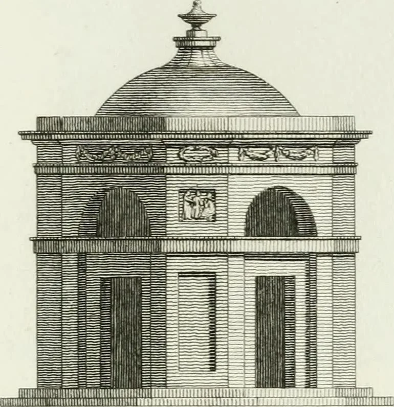 An illustration from Decorations for parks and gardens : designs for gates, garden seats, alcoves, temples, baths, entrance gates, lodges, facades, prospect towers, cattle sheds, ruins, bridges, greenhouses, &c. &c. also a hot house & hot wall : with plans & scales on 55 plates, 1810, leaf 35