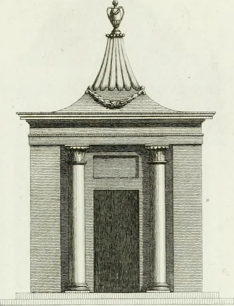 An illustration from Decorations for parks and gardens : designs for gates, garden seats, alcoves, temples, baths, entrance gates, lodges, facades, prospect towers, cattle sheds, ruins, bridges, greenhouses, &c. &c. also a hot house & hot wall : with plans & scales on 55 plates, 1810, leaf 39