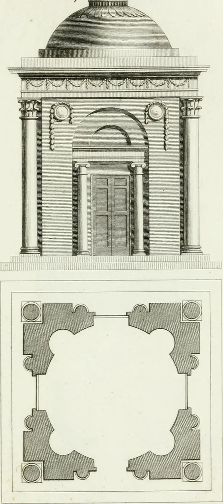 An illustration from Decorations for parks and gardens : designs for gates, garden seats, alcoves, temples, baths, entrance gates, lodges, facades, prospect towers, cattle sheds, ruins, bridges, greenhouses, &c. &c. also a hot house & hot wall : with plans & scales on 55 plates, 1810, leaf 41