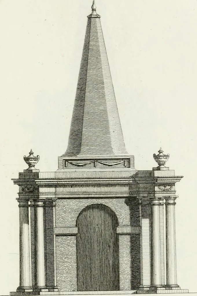 An illustration from Decorations for parks and gardens : designs for gates, garden seats, alcoves, temples, baths, entrance gates, lodges, facades, prospect towers, cattle sheds, ruins, bridges, greenhouses, &c. &c. also a hot house & hot wall : with plans & scales on 55 plates, 1810, leaf 43