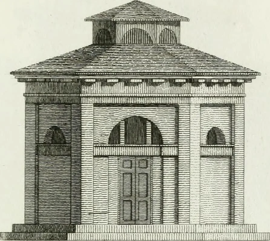 An illustration from Decorations for parks and gardens : designs for gates, garden seats, alcoves, temples, baths, entrance gates, lodges, facades, prospect towers, cattle sheds, ruins, bridges, greenhouses, &c. &c. also a hot house & hot wall : with plans & scales on 55 plates, 1810, leaf 47