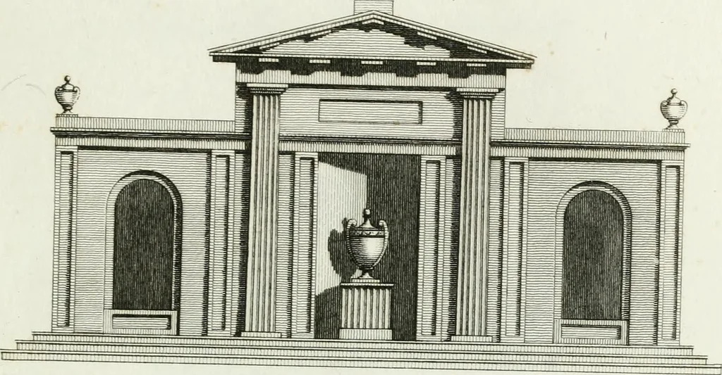 An illustration from Decorations for parks and gardens : designs for gates, garden seats, alcoves, temples, baths, entrance gates, lodges, facades, prospect towers, cattle sheds, ruins, bridges, greenhouses, &c. &c. also a hot house & hot wall : with plans & scales on 55 plates, 1810, leaf 49