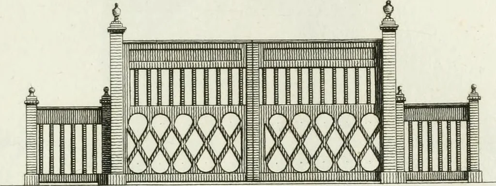 An illustration from Decorations for parks and gardens : designs for gates, garden seats, alcoves, temples, baths, entrance gates, lodges, facades, prospect towers, cattle sheds, ruins, bridges, greenhouses, &c. &c. also a hot house & hot wall : with plans & scales on 55 plates, 1810, leaf 5