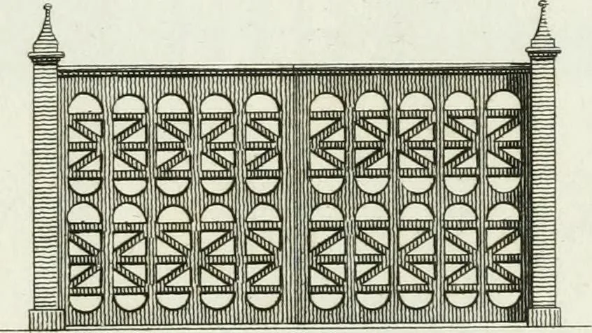 An illustration from Decorations for parks and gardens : designs for gates, garden seats, alcoves, temples, baths, entrance gates, lodges, facades, prospect towers, cattle sheds, ruins, bridges, greenhouses, &c. &c. also a hot house & hot wall : with plans & scales on 55 plates, 1810, leaf 5