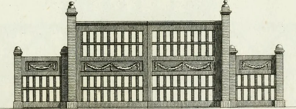 An illustration from Decorations for parks and gardens : designs for gates, garden seats, alcoves, temples, baths, entrance gates, lodges, facades, prospect towers, cattle sheds, ruins, bridges, greenhouses, &c. &c. also a hot house & hot wall : with plans & scales on 55 plates, 1810, leaf 5