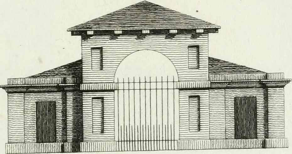 An illustration from Decorations for parks and gardens : designs for gates, garden seats, alcoves, temples, baths, entrance gates, lodges, facades, prospect towers, cattle sheds, ruins, bridges, greenhouses, &c. &c. also a hot house & hot wall : with plans & scales on 55 plates, 1810, leaf 51
