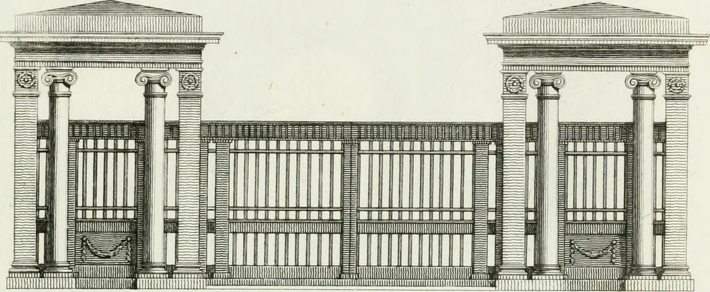 An illustration from Decorations for parks and gardens : designs for gates, garden seats, alcoves, temples, baths, entrance gates, lodges, facades, prospect towers, cattle sheds, ruins, bridges, greenhouses, &c. &c. also a hot house & hot wall : with plans & scales on 55 plates, 1810, leaf 53