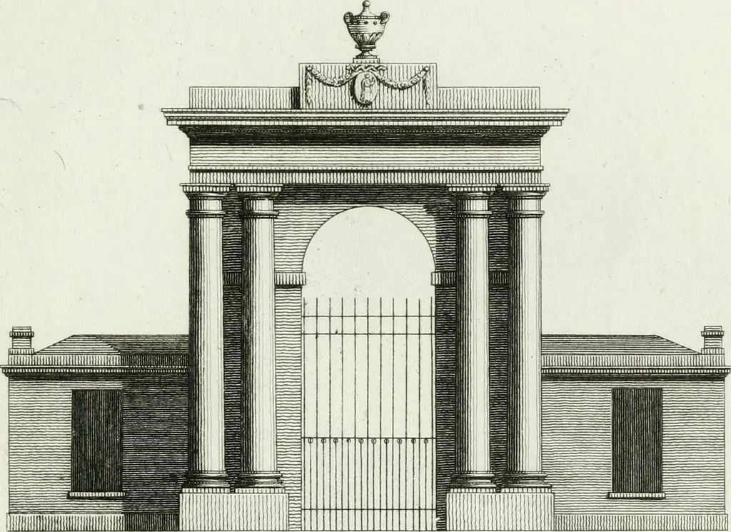 An illustration from Decorations for parks and gardens : designs for gates, garden seats, alcoves, temples, baths, entrance gates, lodges, facades, prospect towers, cattle sheds, ruins, bridges, greenhouses, &c. &c. also a hot house & hot wall : with plans & scales on 55 plates, 1810, leaf 55