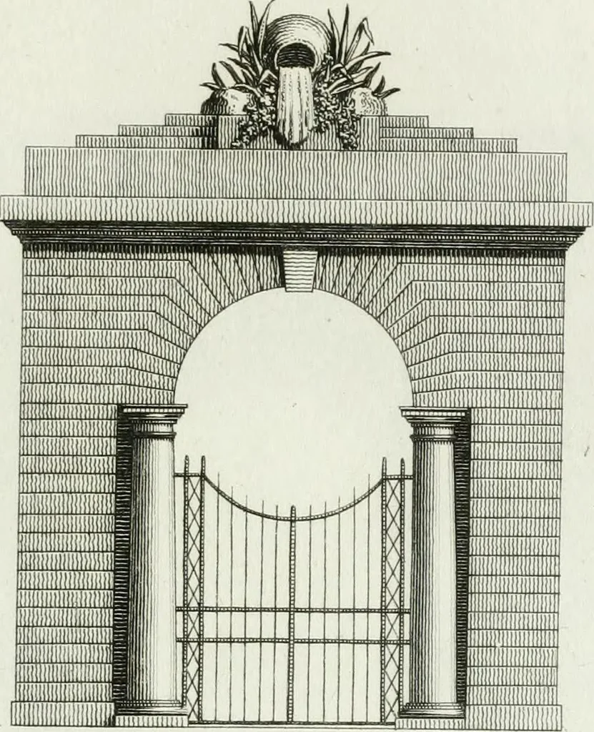 An illustration from Decorations for parks and gardens : designs for gates, garden seats, alcoves, temples, baths, entrance gates, lodges, facades, prospect towers, cattle sheds, ruins, bridges, greenhouses, &c. &c. also a hot house & hot wall : with plans & scales on 55 plates, 1810, leaf 57