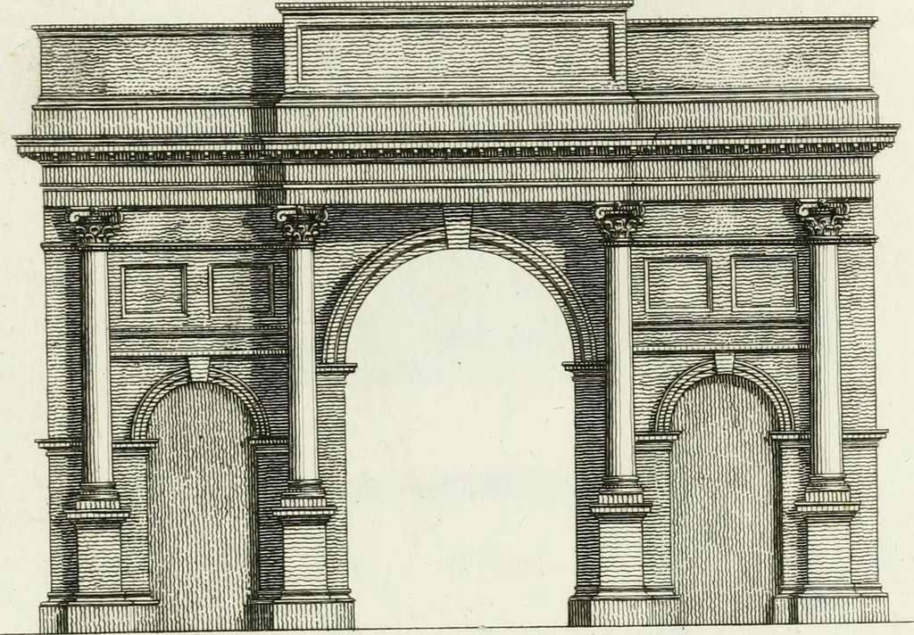 An illustration from Decorations for parks and gardens : designs for gates, garden seats, alcoves, temples, baths, entrance gates, lodges, facades, prospect towers, cattle sheds, ruins, bridges, greenhouses, &c. &c. also a hot house & hot wall : with plans & scales on 55 plates, 1810, leaf 59