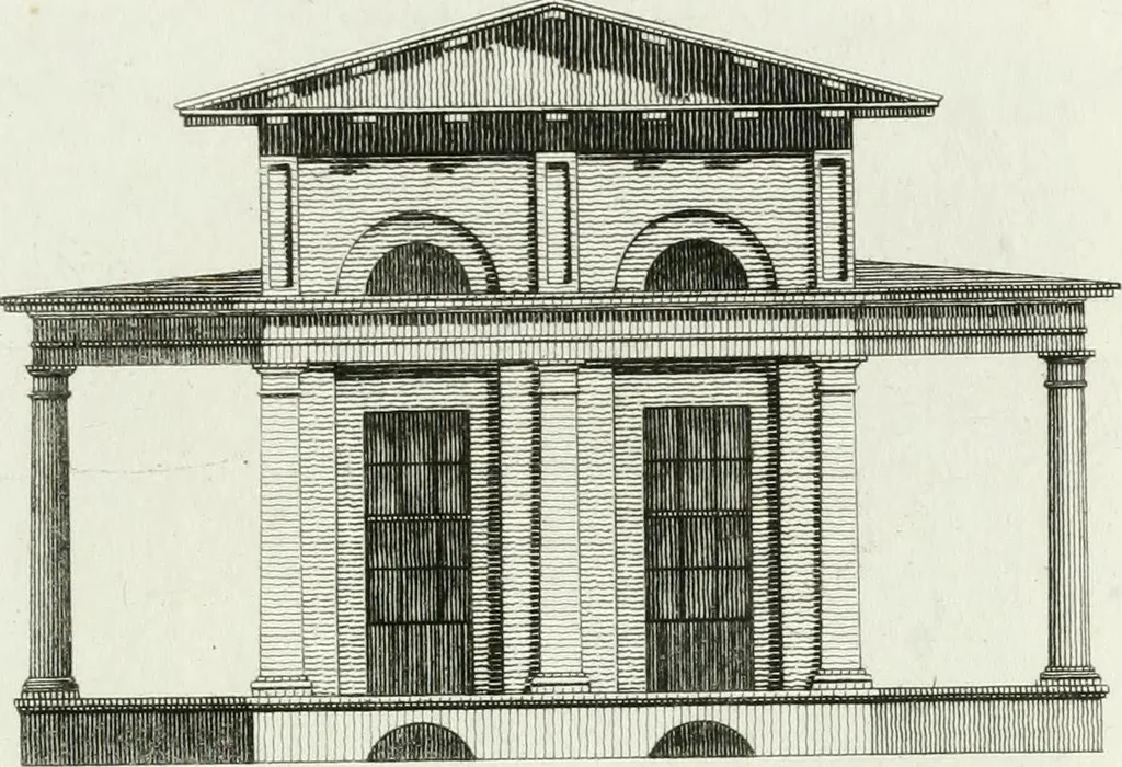 An illustration from Decorations for parks and gardens : designs for gates, garden seats, alcoves, temples, baths, entrance gates, lodges, facades, prospect towers, cattle sheds, ruins, bridges, greenhouses, &c. &c. also a hot house & hot wall : with plans & scales on 55 plates, 1810, leaf 61