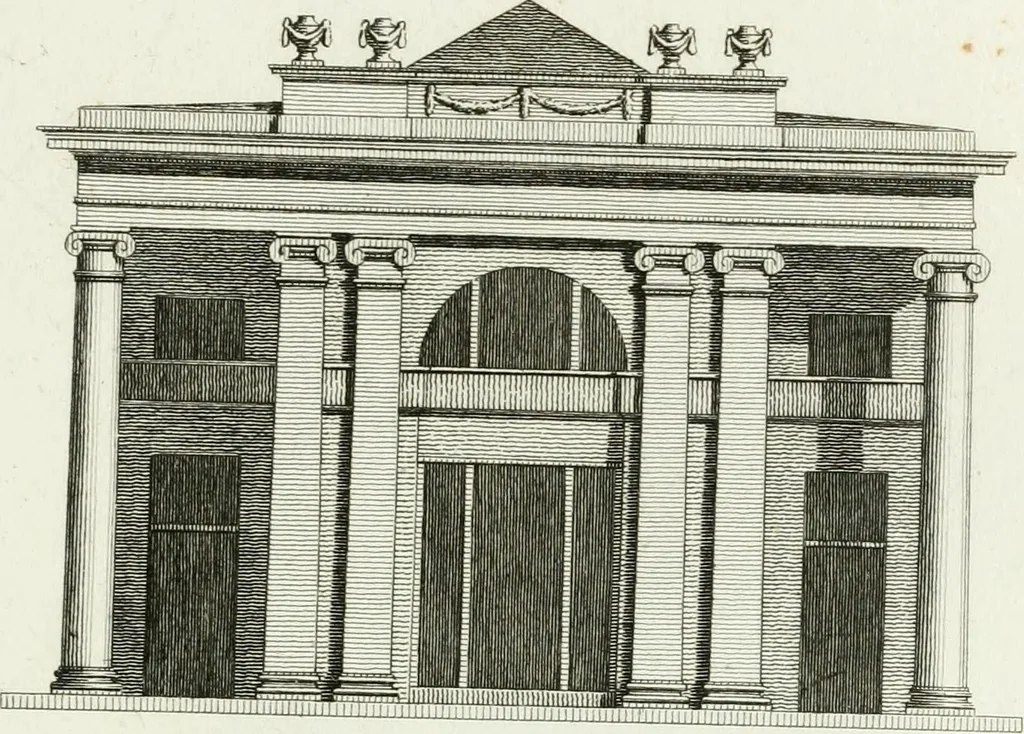 An illustration from Decorations for parks and gardens : designs for gates, garden seats, alcoves, temples, baths, entrance gates, lodges, facades, prospect towers, cattle sheds, ruins, bridges, greenhouses, &c. &c. also a hot house & hot wall : with plans & scales on 55 plates, 1810, leaf 63