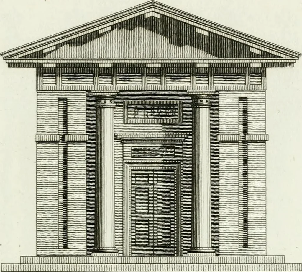 An illustration from Decorations for parks and gardens : designs for gates, garden seats, alcoves, temples, baths, entrance gates, lodges, facades, prospect towers, cattle sheds, ruins, bridges, greenhouses, &c. &c. also a hot house & hot wall : with plans & scales on 55 plates, 1810, leaf 65