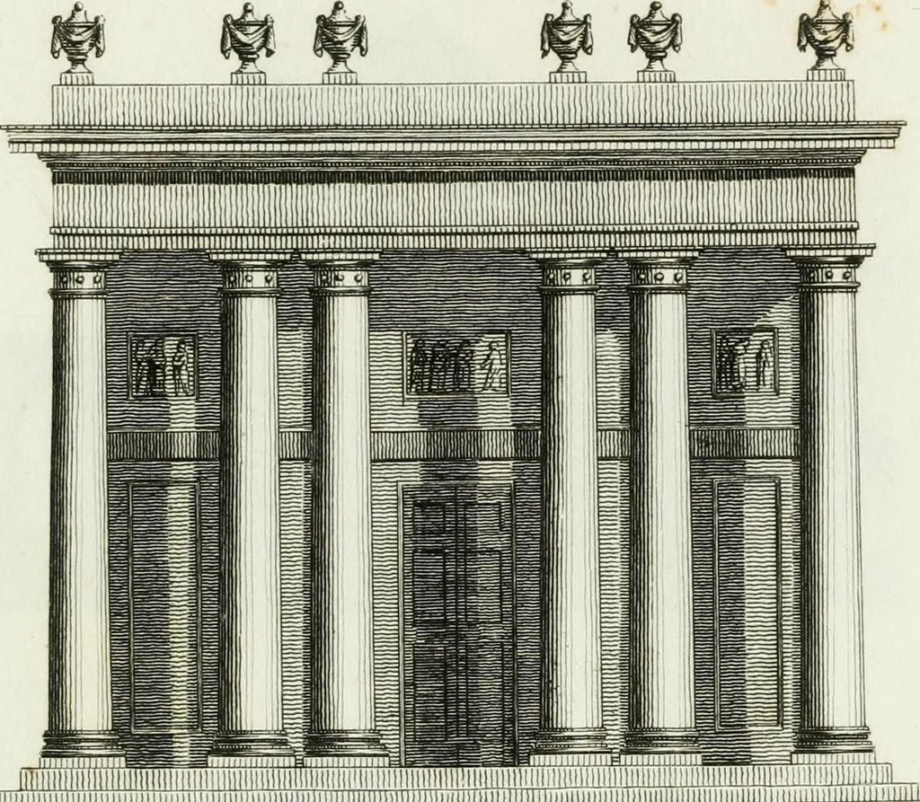 An illustration from Decorations for parks and gardens : designs for gates, garden seats, alcoves, temples, baths, entrance gates, lodges, facades, prospect towers, cattle sheds, ruins, bridges, greenhouses, &c. &c. also a hot house & hot wall : with plans & scales on 55 plates, 1810, leaf 67
