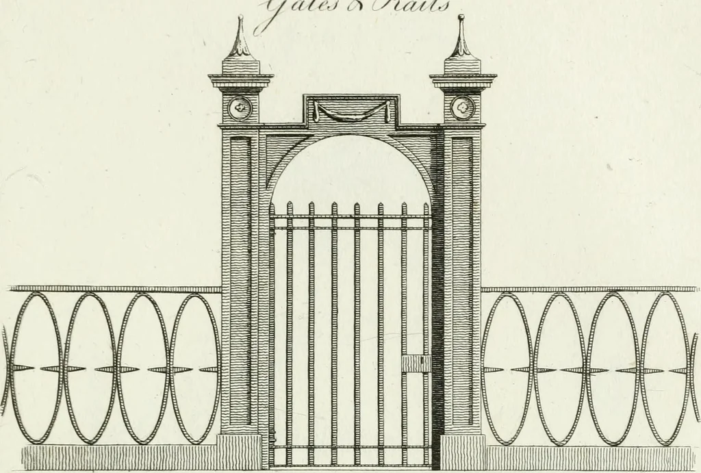An illustration from Decorations for parks and gardens : designs for gates, garden seats, alcoves, temples, baths, entrance gates, lodges, facades, prospect towers, cattle sheds, ruins, bridges, greenhouses, &c. &c. also a hot house & hot wall : with plans & scales on 55 plates, 1810, leaf 7