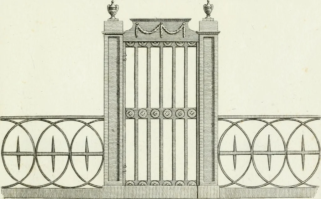 An illustration from Decorations for parks and gardens : designs for gates, garden seats, alcoves, temples, baths, entrance gates, lodges, facades, prospect towers, cattle sheds, ruins, bridges, greenhouses, &c. &c. also a hot house & hot wall : with plans & scales on 55 plates, 1810, leaf 7