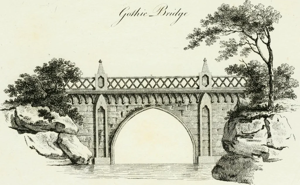 An illustration from Decorations for parks and gardens : designs for gates, garden seats, alcoves, temples, baths, entrance gates, lodges, facades, prospect towers, cattle sheds, ruins, bridges, greenhouses, &c. &c. also a hot house & hot wall : with plans & scales on 55 plates, 1810, leaf 85