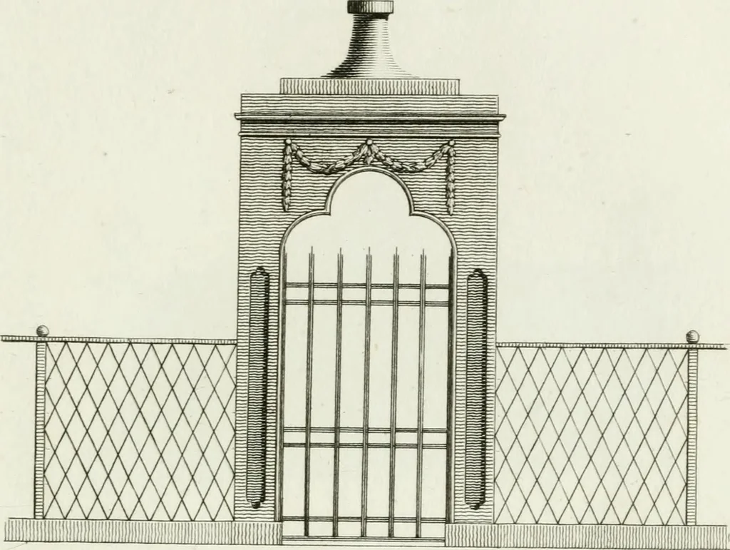 An illustration from Decorations for parks and gardens : designs for gates, garden seats, alcoves, temples, baths, entrance gates, lodges, facades, prospect towers, cattle sheds, ruins, bridges, greenhouses, &c. &c. also a hot house & hot wall : with plans & scales on 55 plates, 1810, leaf 9