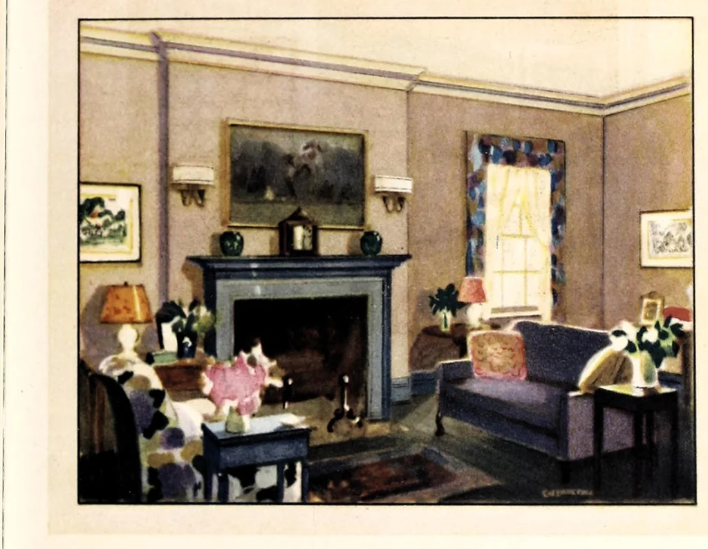 An illustration from Decorative suggestions : a handbook of color schemes sent you by paint headquarters., 1925, leaf 7
