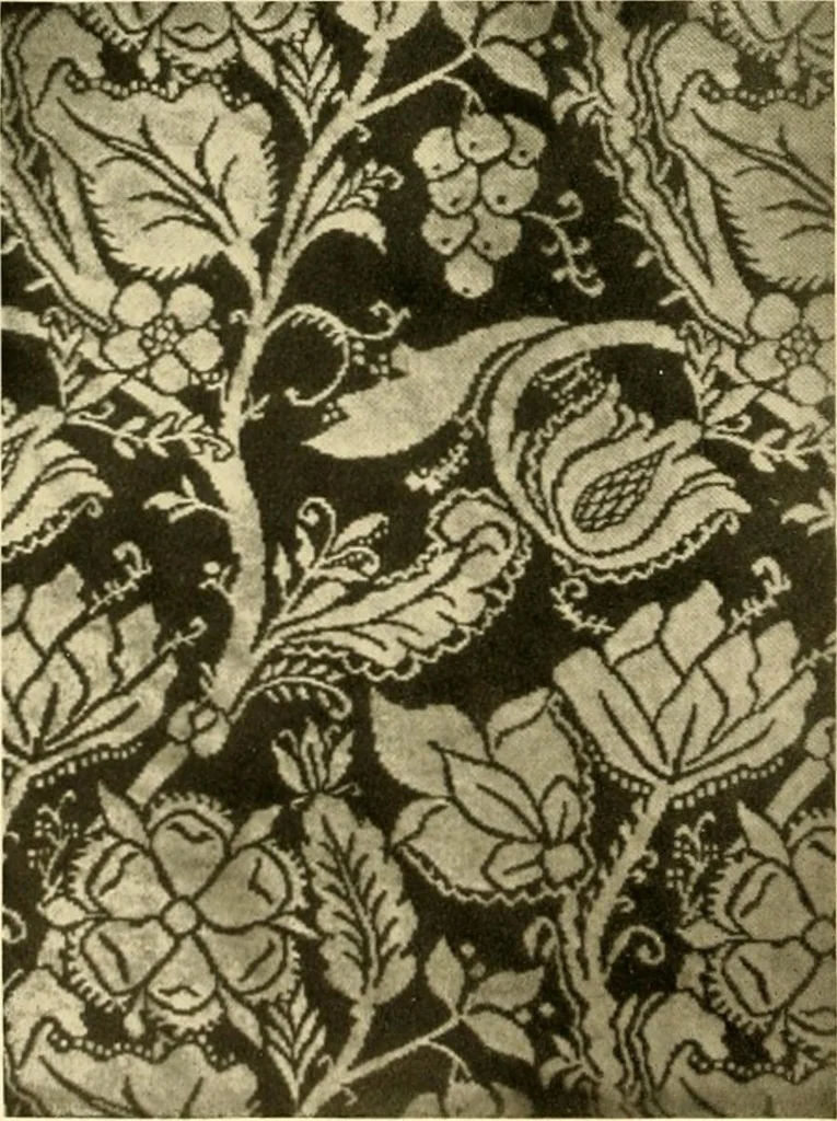 An illustration from Decorative textiles; an illustrated book on coverings for furniture, walls and floors, including damasks, brocades and velvets, tapestries, laces, embroideries, chintzes, cretones, drapery and furniture trimmings, wall papers, carpets and rugs, tooled and illuminated leathers, 1918, leaf 109