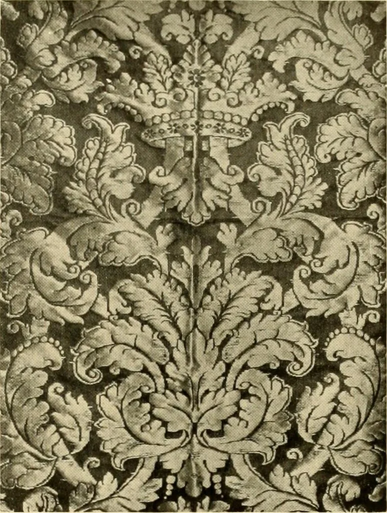 An illustration from Decorative textiles; an illustrated book on coverings for furniture, walls and floors, including damasks, brocades and velvets, tapestries, laces, embroideries, chintzes, cretones, drapery and furniture trimmings, wall papers, carpets and rugs, tooled and illuminated leathers, 1918, leaf 110