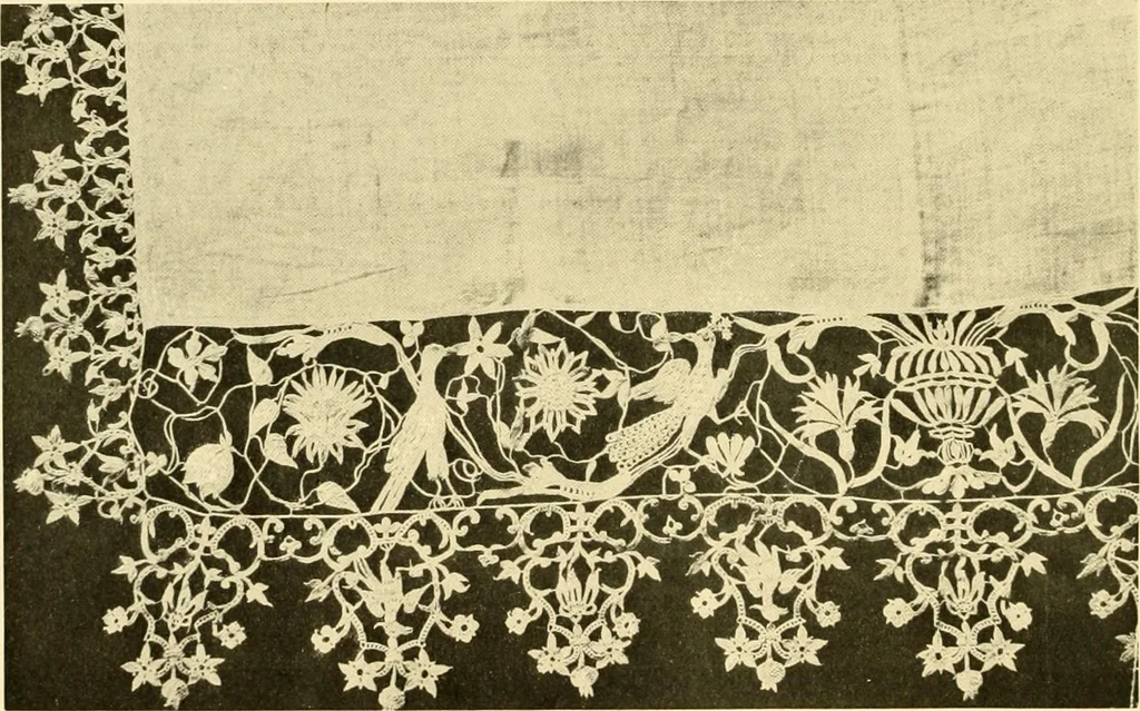 An illustration from Decorative textiles; an illustrated book on coverings for furniture, walls and floors, including damasks, brocades and velvets, tapestries, laces, embroideries, chintzes, cretones, drapery and furniture trimmings, wall papers, carpets and rugs, tooled and illuminated leathers, 1918, leaf 113