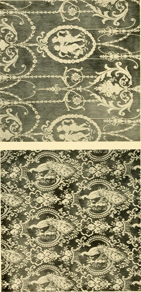 An illustration from Decorative textiles; an illustrated book on coverings for furniture, walls and floors, including damasks, brocades and velvets, tapestries, laces, embroideries, chintzes, cretones, drapery and furniture trimmings, wall papers, carpets and rugs, tooled and illuminated leathers, 1918, leaf 131