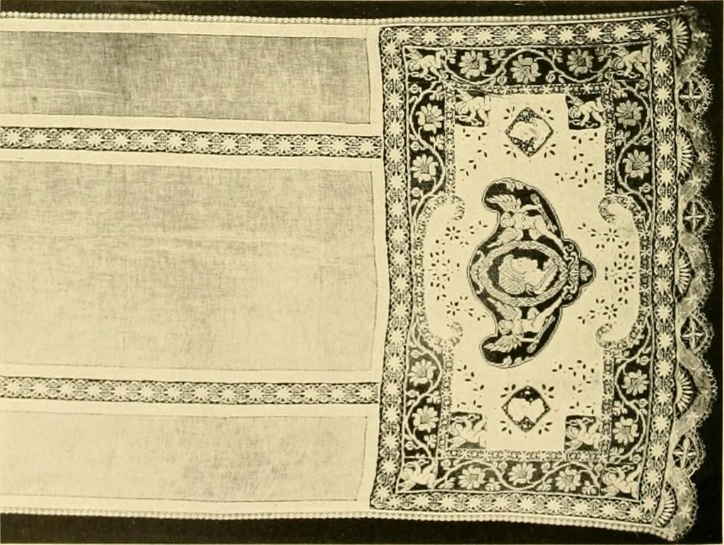 An illustration from Decorative textiles; an illustrated book on coverings for furniture, walls and floors, including damasks, brocades and velvets, tapestries, laces, embroideries, chintzes, cretones, drapery and furniture trimmings, wall papers, carpets and rugs, tooled and illuminated leathers, 1918, leaf 133