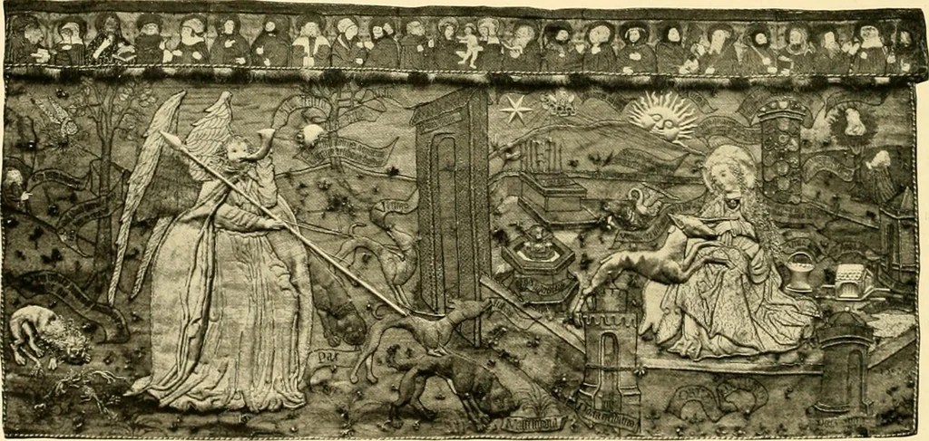 An illustration from Decorative textiles; an illustrated book on coverings for furniture, walls and floors, including damasks, brocades and velvets, tapestries, laces, embroideries, chintzes, cretones, drapery and furniture trimmings, wall papers, carpets and rugs, tooled and illuminated leathers, 1918, leaf 141