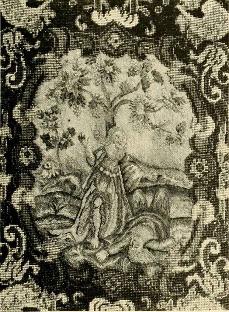 An illustration from Decorative textiles; an illustrated book on coverings for furniture, walls and floors, including damasks, brocades and velvets, tapestries, laces, embroideries, chintzes, cretones, drapery and furniture trimmings, wall papers, carpets and rugs, tooled and illuminated leathers, 1918, leaf 146