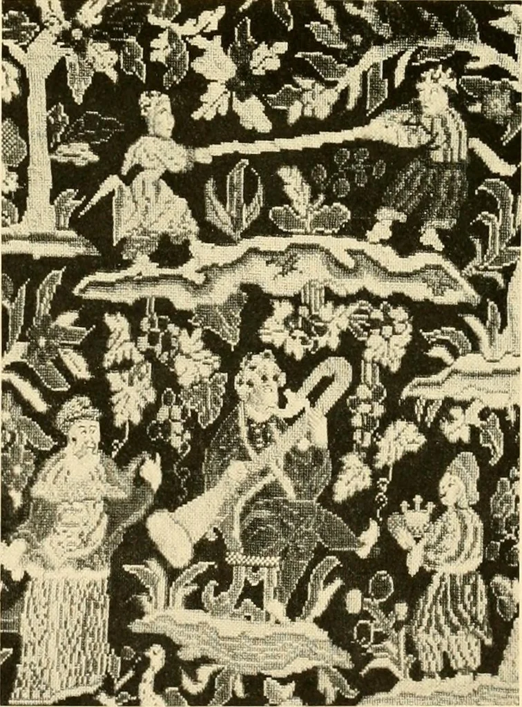 An illustration from Decorative textiles; an illustrated book on coverings for furniture, walls and floors, including damasks, brocades and velvets, tapestries, laces, embroideries, chintzes, cretones, drapery and furniture trimmings, wall papers, carpets and rugs, tooled and illuminated leathers, 1918, leaf 146