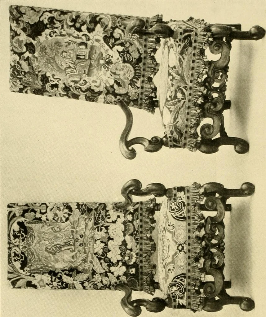 An illustration from Decorative textiles; an illustrated book on coverings for furniture, walls and floors, including damasks, brocades and velvets, tapestries, laces, embroideries, chintzes, cretones, drapery and furniture trimmings, wall papers, carpets and rugs, tooled and illuminated leathers, 1918, leaf 147