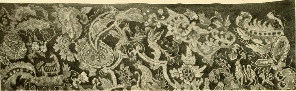 An illustration from Decorative textiles; an illustrated book on coverings for furniture, walls and floors, including damasks, brocades and velvets, tapestries, laces, embroideries, chintzes, cretones, drapery and furniture trimmings, wall papers, carpets and rugs, tooled and illuminated leathers, 1918, leaf 149