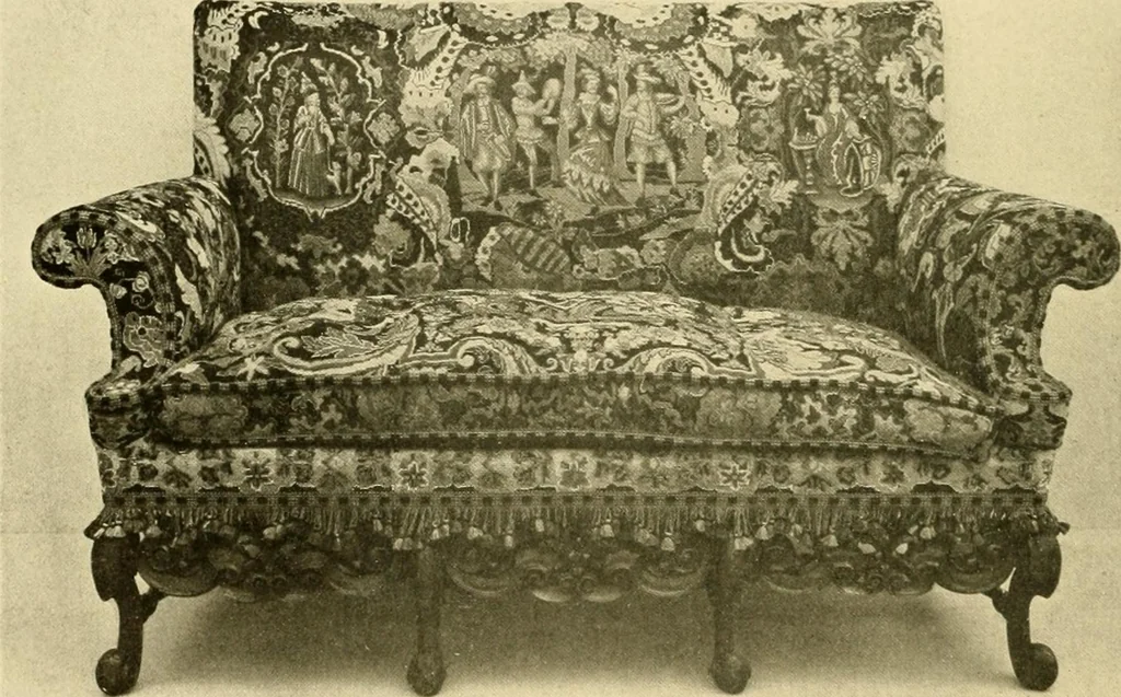 An illustration from Decorative textiles; an illustrated book on coverings for furniture, walls and floors, including damasks, brocades and velvets, tapestries, laces, embroideries, chintzes, cretones, drapery and furniture trimmings, wall papers, carpets and rugs, tooled and illuminated leathers, 1918, leaf 149