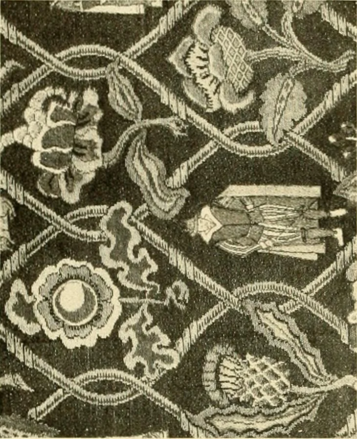 An illustration from Decorative textiles; an illustrated book on coverings for furniture, walls and floors, including damasks, brocades and velvets, tapestries, laces, embroideries, chintzes, cretones, drapery and furniture trimmings, wall papers, carpets and rugs, tooled and illuminated leathers, 1918, leaf 151